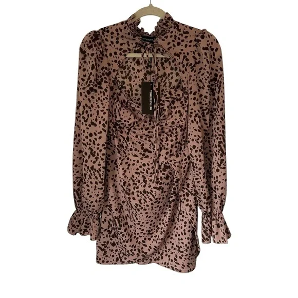 DUSTY PINK DALMATIAN TIE NECK PUFF SLEEVE WRAP SKIRT BODYCON DRESS SIZE MEDIUM - Picture 2 of 11